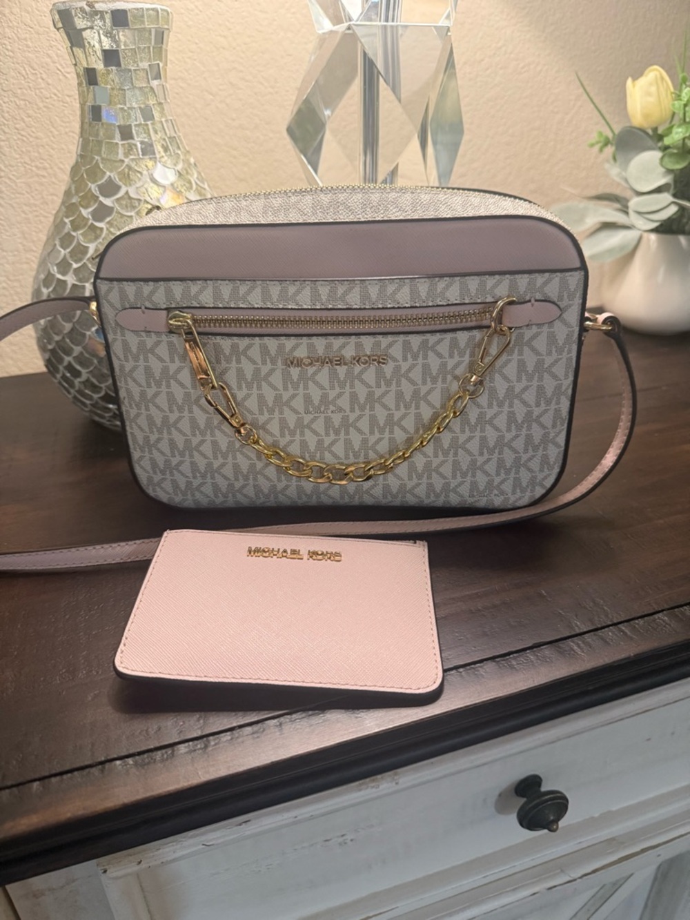 Michael Kors Pink and Cream Jet Set Crossbody w Cardholder Wallet
